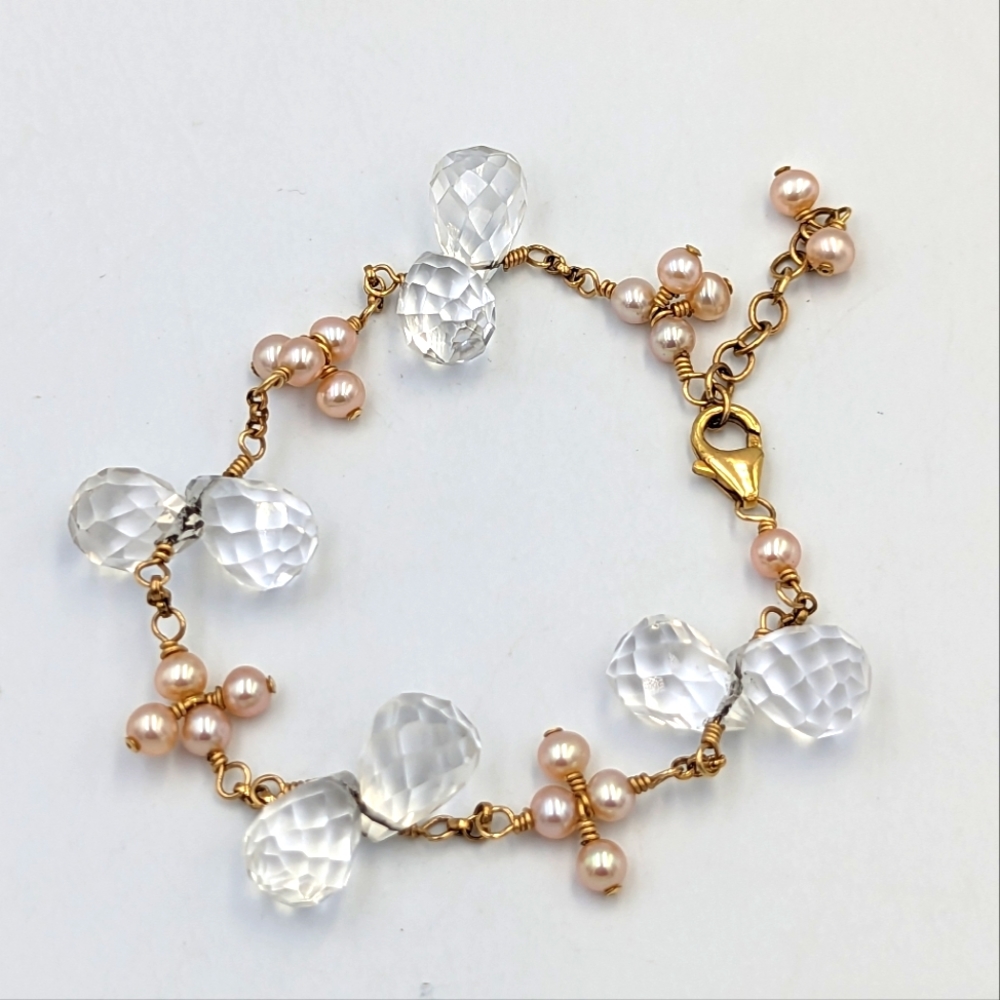 Beautiful Freshwater Pearl Faceted Pearl Shaped Crystals 14K GF Bracelet 8"